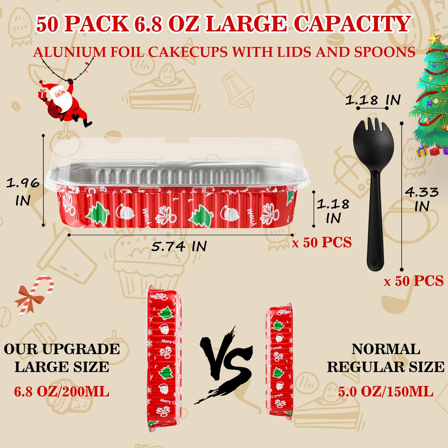 Cupcake Liners with Lids, 50PCS 6.8OZ Disposable Mini Cake Pans Disposable Aluminum Foil Baking Cups with Lids Aluminum Loaf Pans for Brithday,Red Christmas
