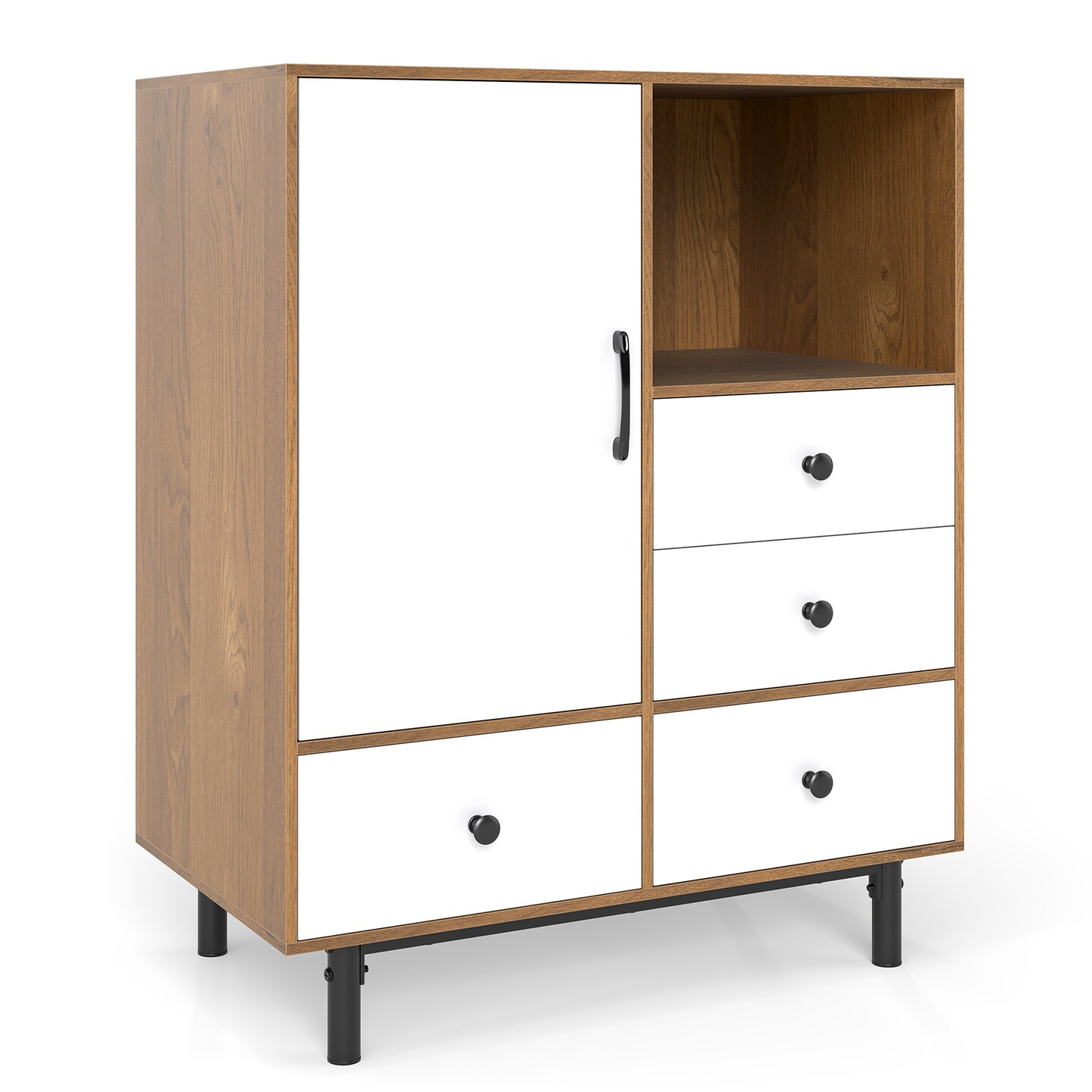 Mid Century Modern 4 Drawer Sideboard Buffet Cabinet with Door and Open Storage Shelf Natural Wood