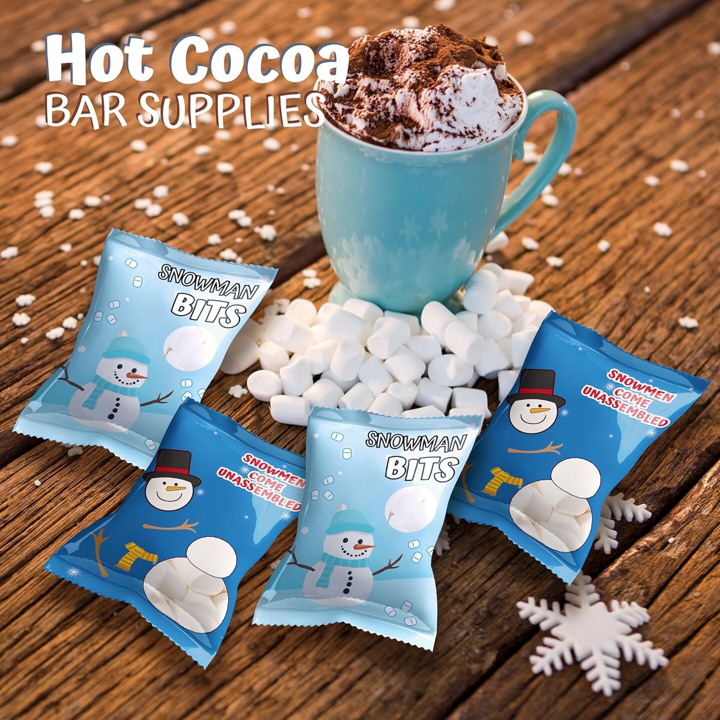 4E's Novelty 50 Packets Mini Marshmallows – 2 Festive Snowman Designs, Individually Wrapped Vanilla Mini Marshmallows Bulk Pack for Hot Cocoa, Christmas Treats, Stocking Stuffers & Party Favors