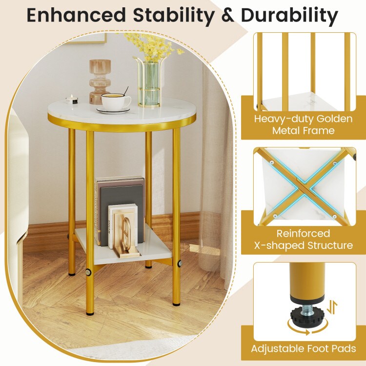 2 Tier White Faux Marble Coffee Table with Gold Metal Frame and Bottom Shelf Storage