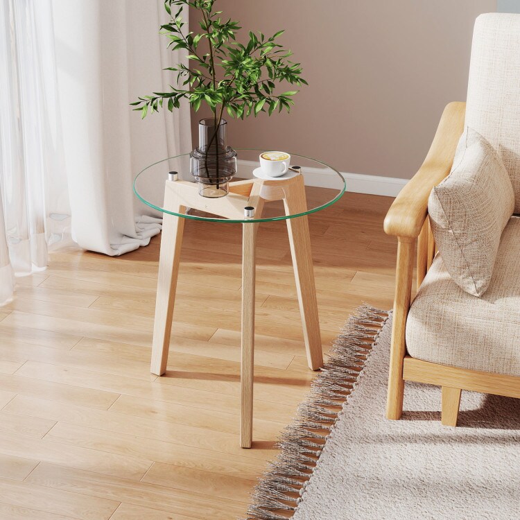 Modern Round End Table with Tempered Glass Top and Rubber Wood Frame for Living Areas