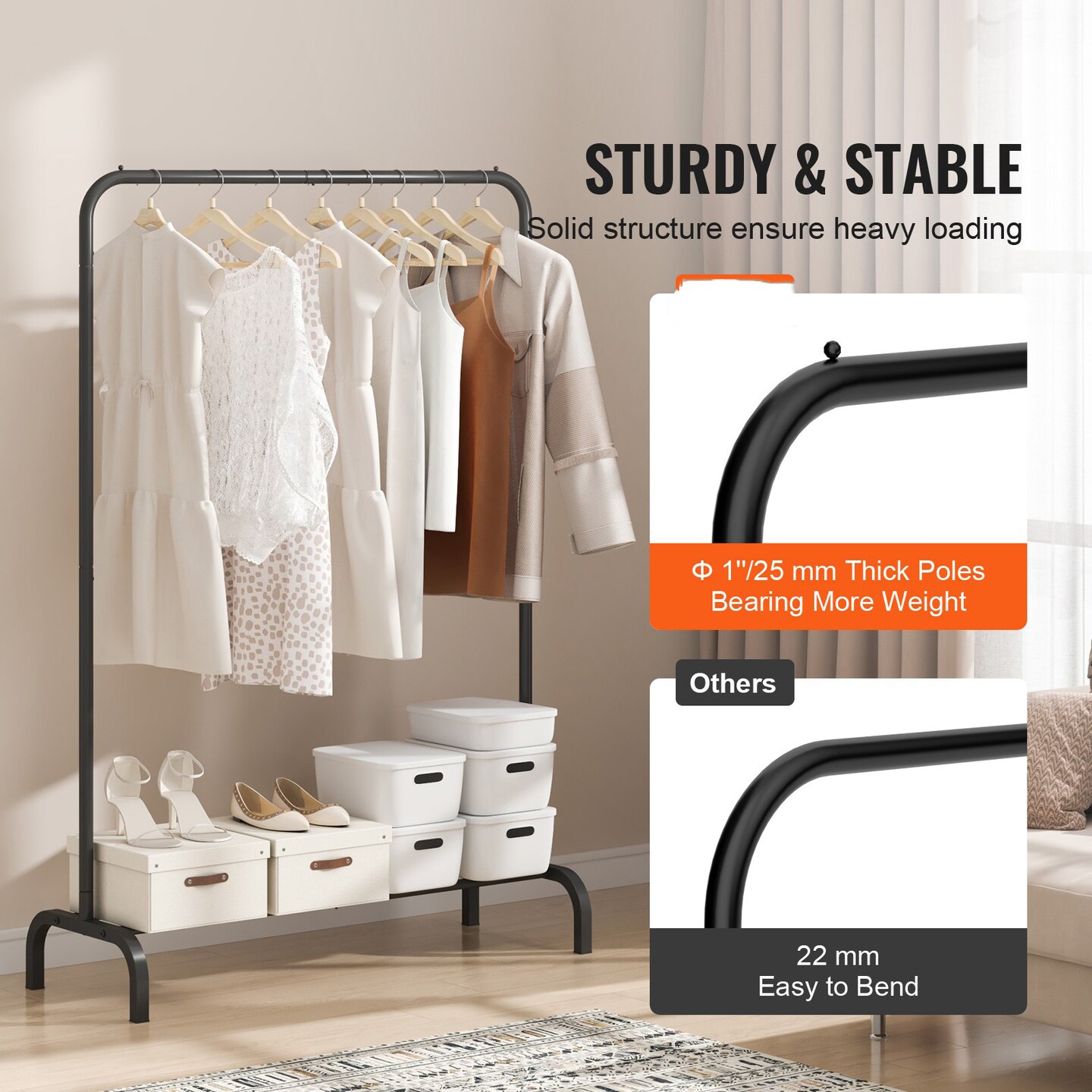 Heavy Duty Clothing Rack with Hanging Rod and Bottom Shelf Carbon Steel Garment Organizer