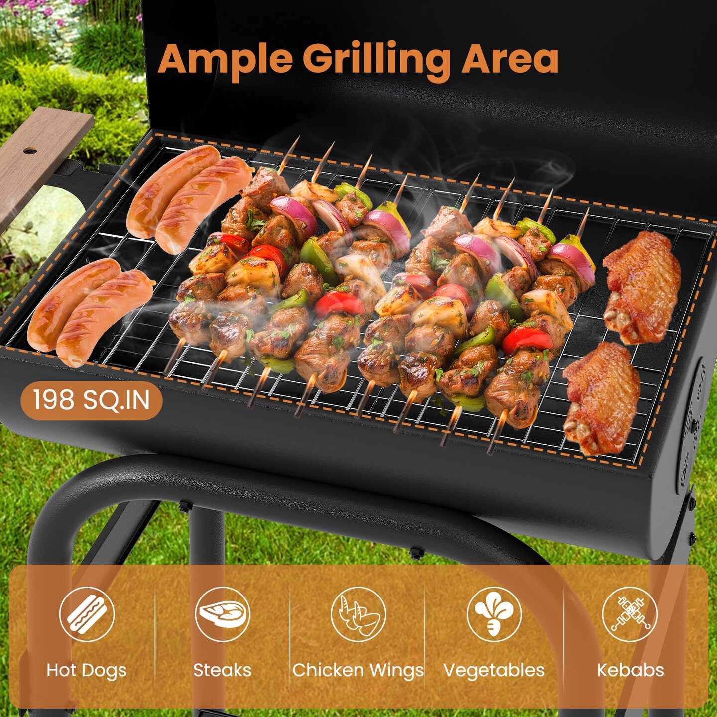 Barrel Charcoal Grill with Foldable Side Table and Thermostat