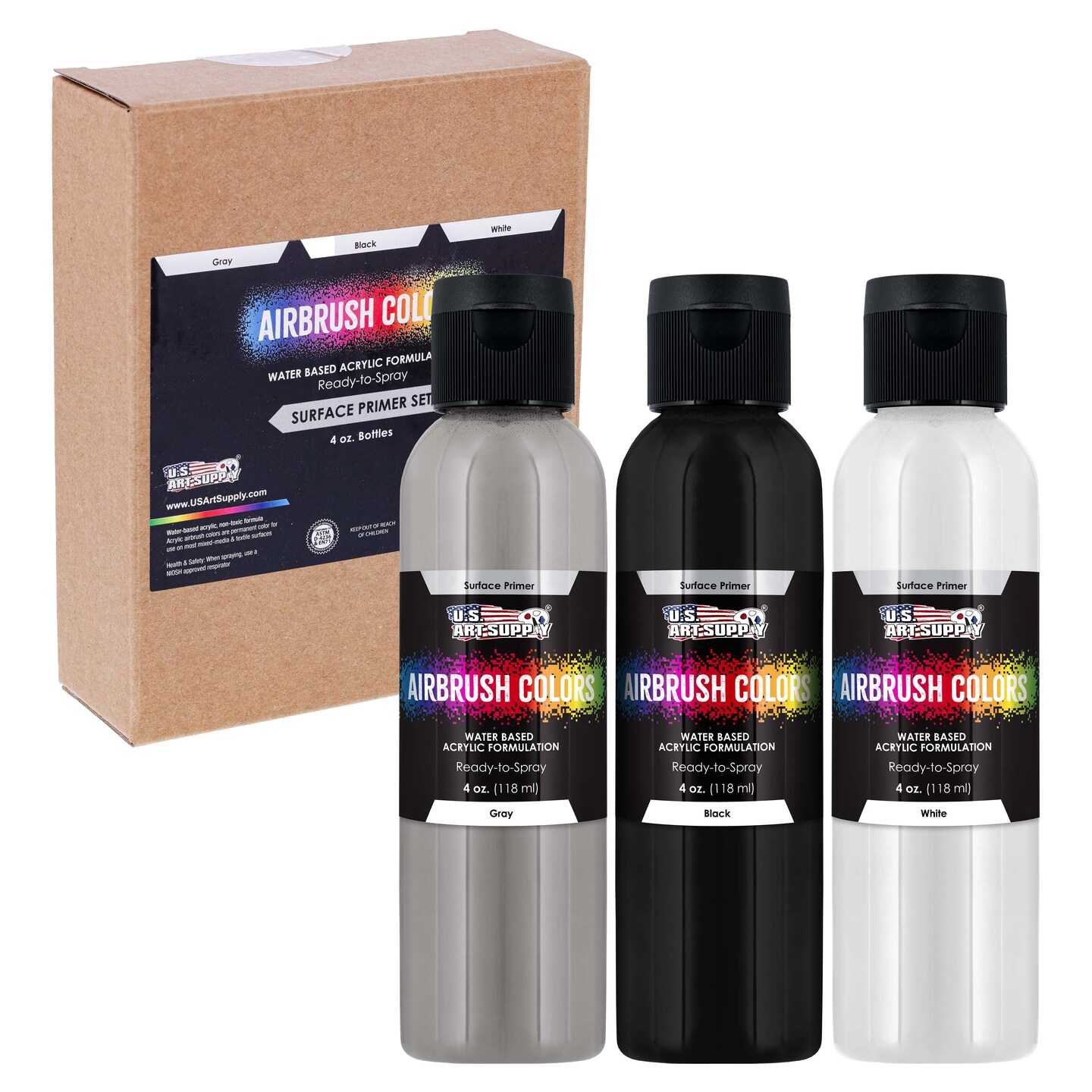 U.S. Art Supply Surface Primer Airbrush Paint Set - Black, White, Gray (4 oz) - Acrylic Primer Paint, Water-Based Acrylic Polyurethane for Miniatures, Models, Plastic, Metal, Wood, Canvas, 3D Prints
