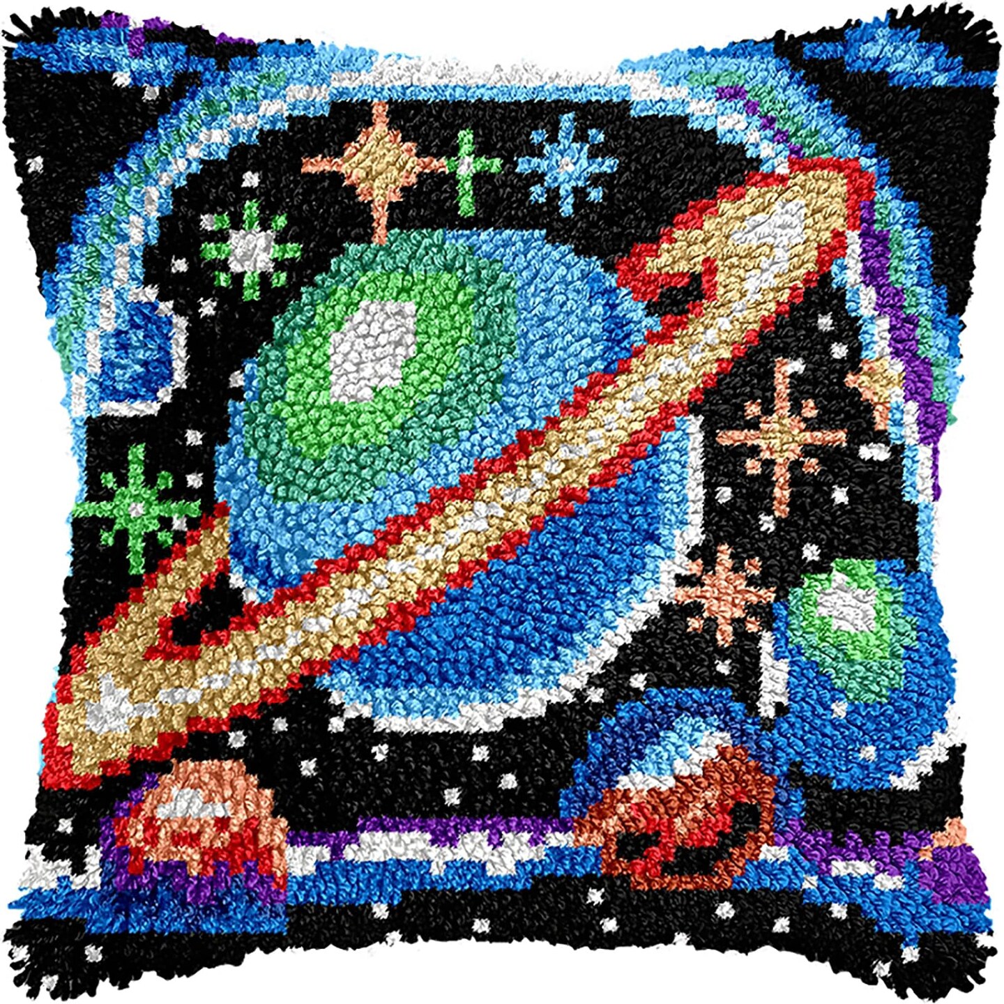 Cosmic Planet Latch Hook Kits Pillow Making Sofa Cushion Cover, Pillowcase Craft Kits Color Pattern Printed for Adults Kids Beginner 17X17 Inch