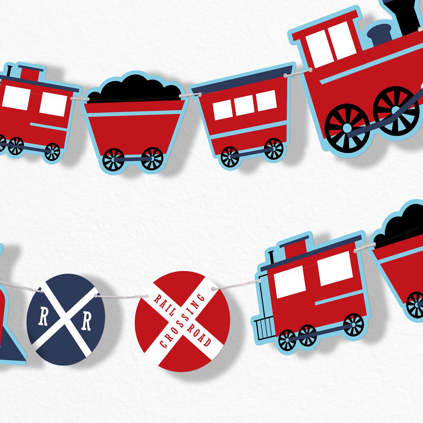 Big Dot of Happiness Train Garland Banner Railroad Crossing Birthday or Baby Shower Backdrop 30 Feet of Cord 15 Double Sided Paper Steam Train Shapes