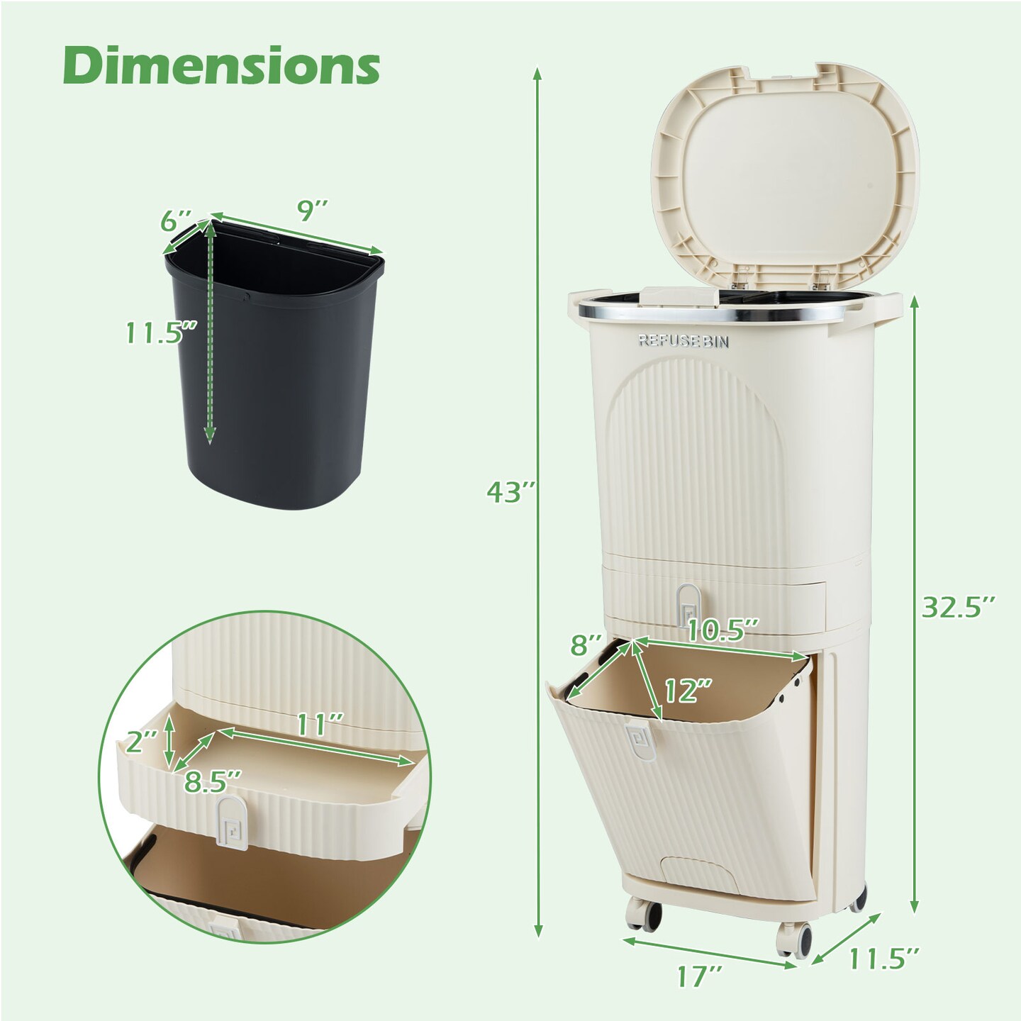 Beige PP Multi-Compartment Trash Can with Wheels, Drawer, and Step Pedal