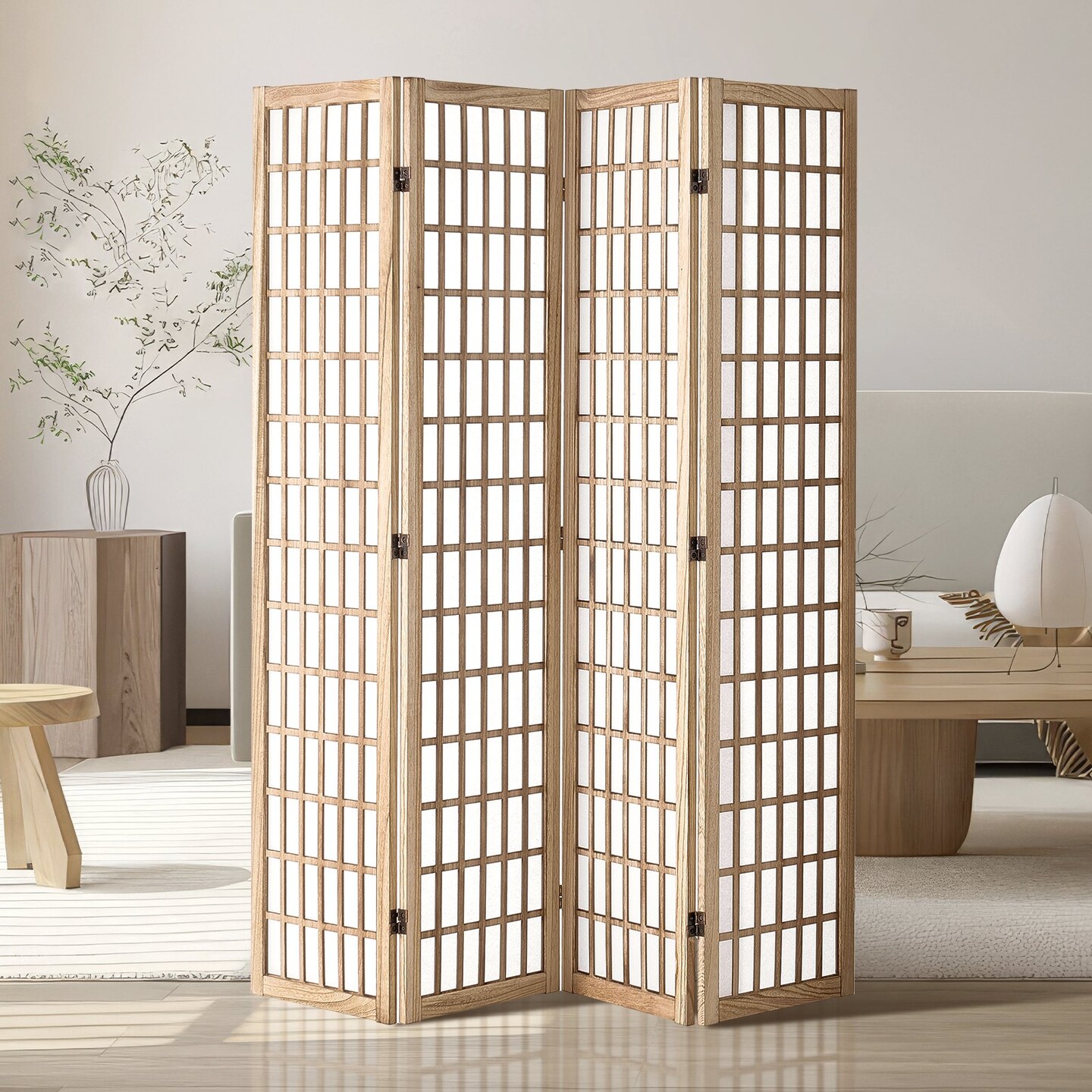 4 Panel Japanese Room Divider, Folding Privacy Screen for Home & Office