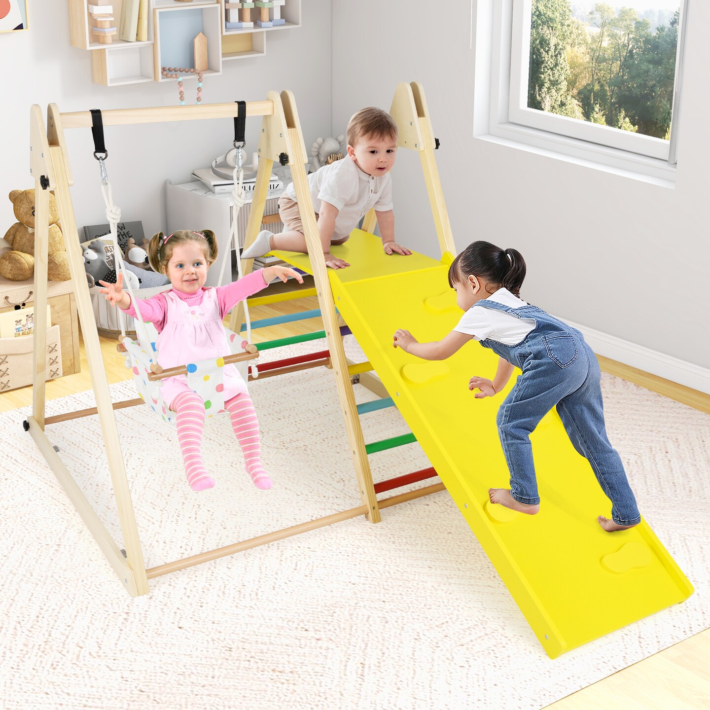 Indoor Wooden Jungle Gym 4 in 1 Montessori Climber with Kids Swing Climbing