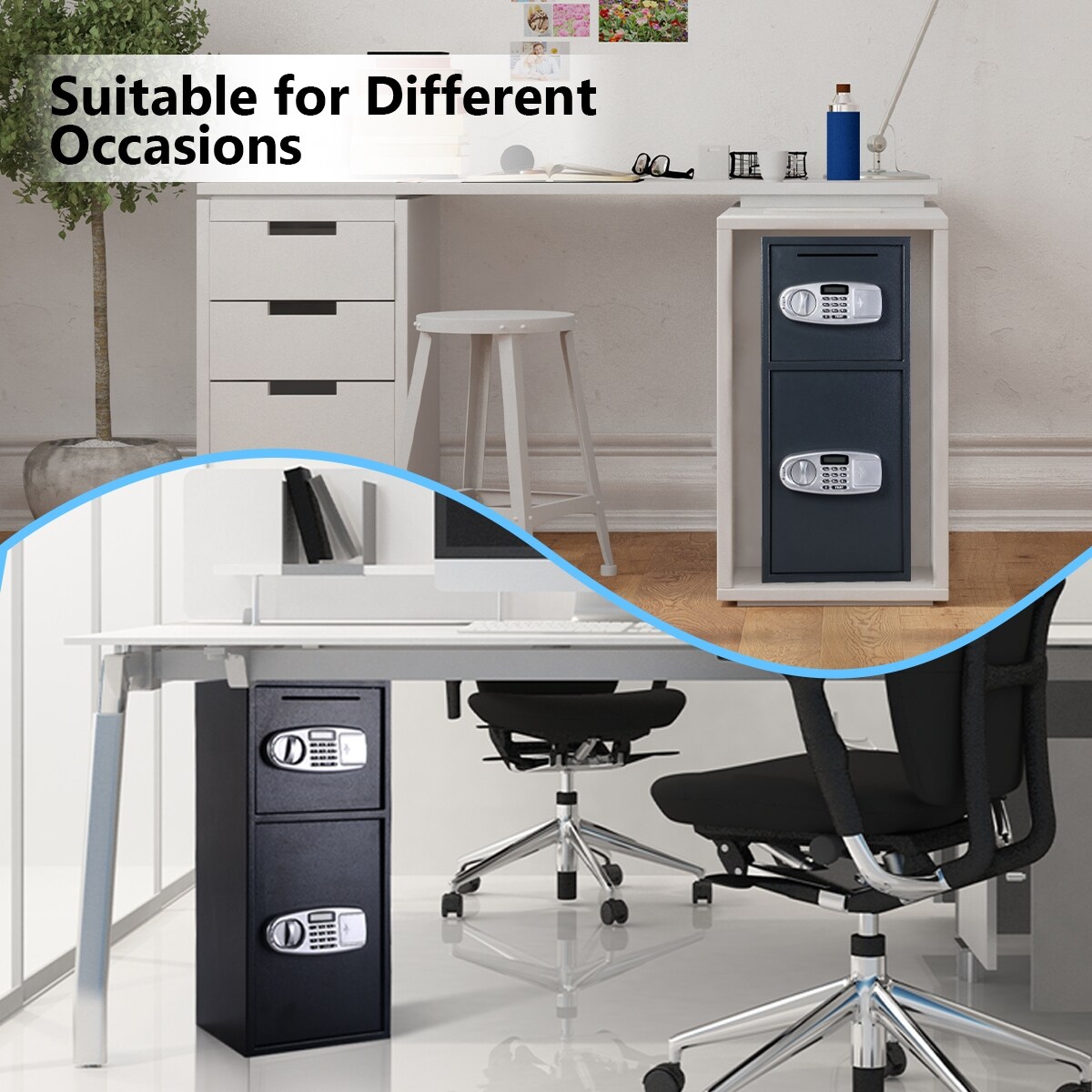 Black Steel Dual Door Digital Safe Box with Emergency Keys and Storage