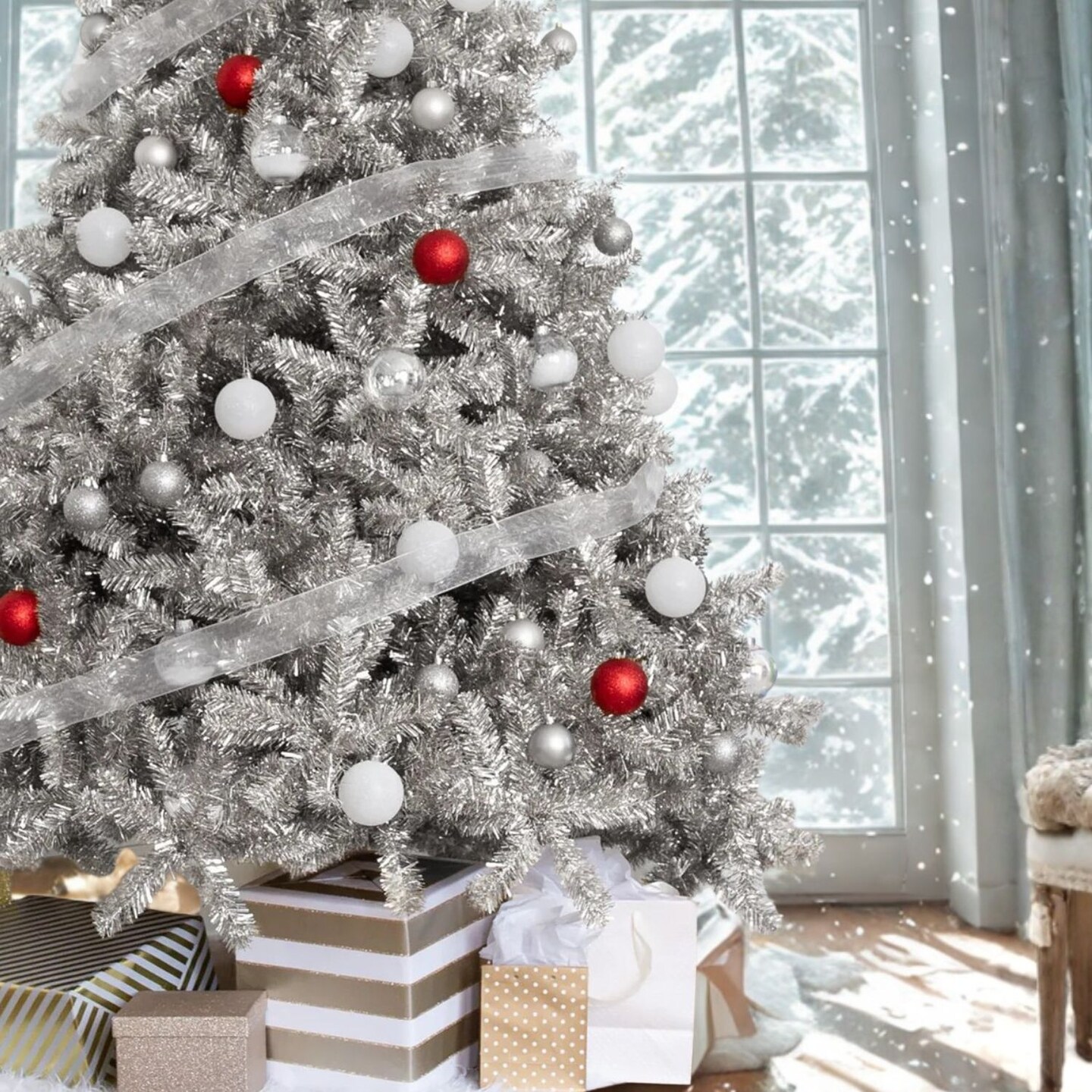 7.5 ft Full Bodied Metallic Silver Tinsel Christmas Tree with Metal Stand