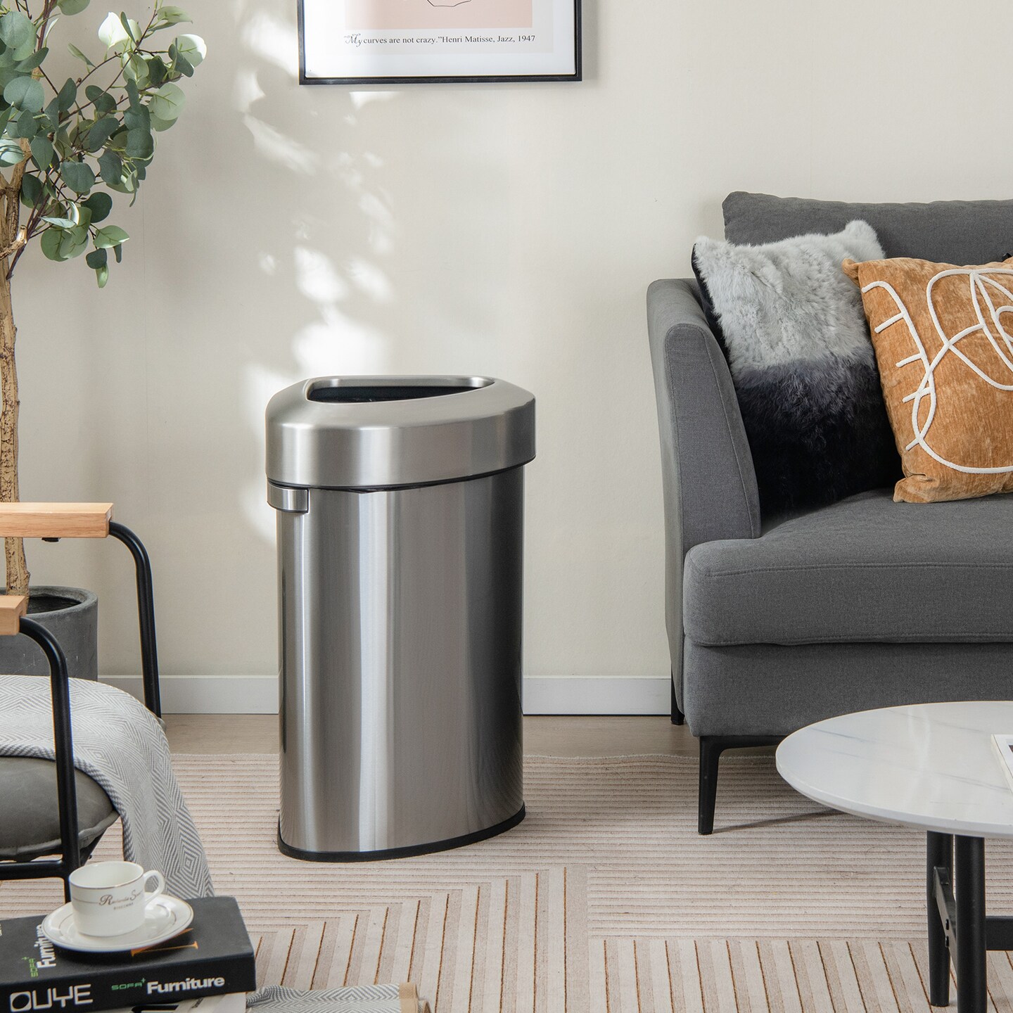Silver Stainless Steel Corner Trash Bin with 60L Capacity and Non-Slip Base