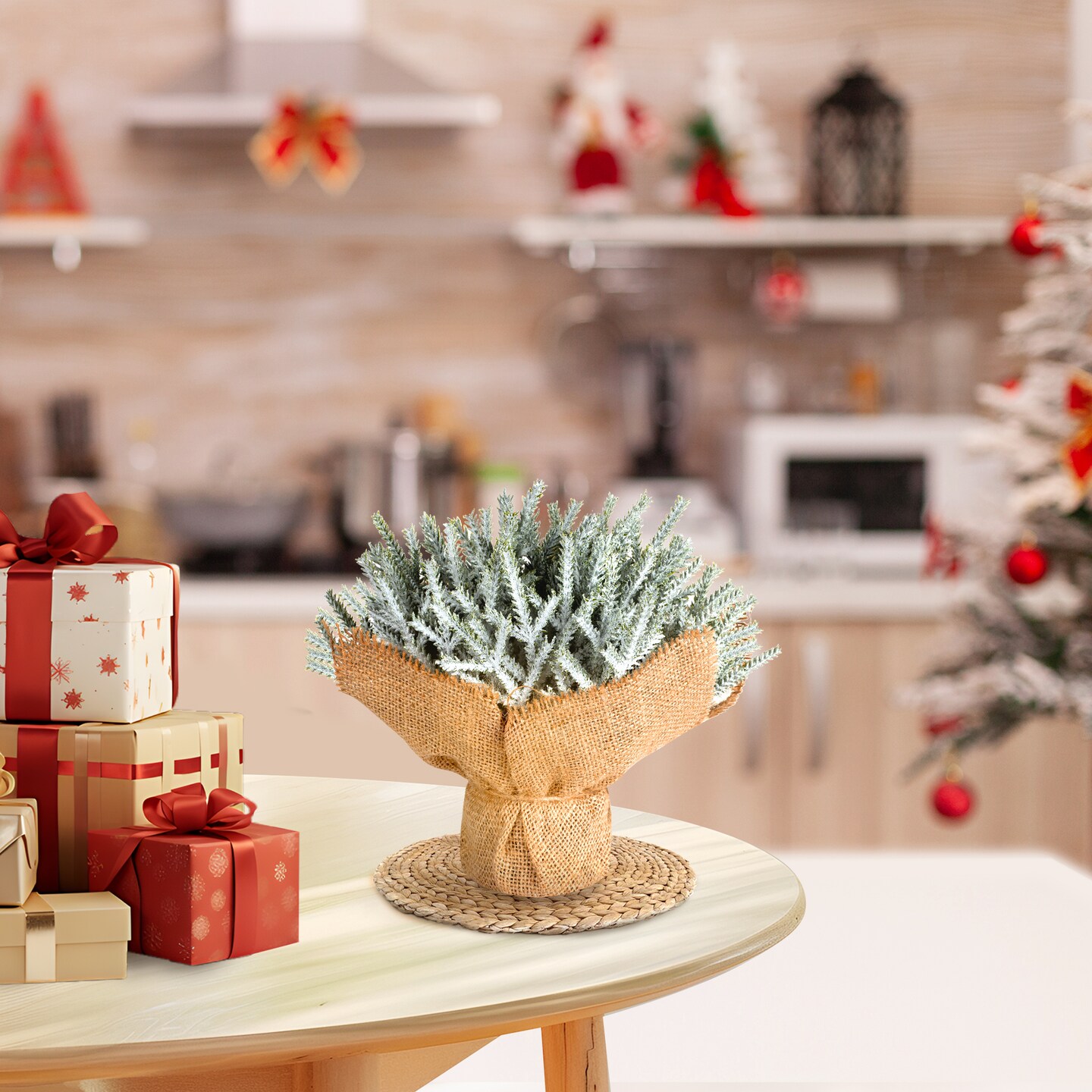 Artificial Pine Branches in Burlap Base – Faux Evergreen Christmas Stems, Winter Tabletop Centerpiece Holiday Decor