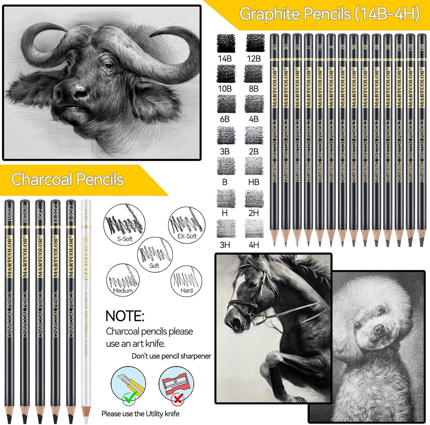 Drawing Sketching Pencil Set, 26 Pieces, Graphite Pencils (14B-4H), Charcoal Pencils, Charcoal Sticks, Blending Stump, Eraser, Sharpeners, Artist Pencils for Beginners &#x26; Pro Artists