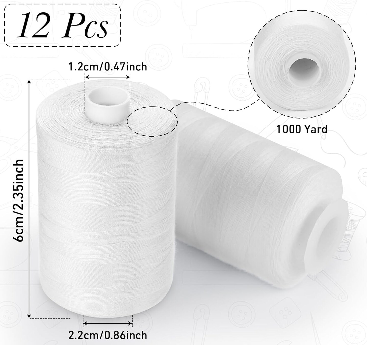 Sewing Thread, 12 Spools of 1000 Yards Each White Polyester All Purpose Thread for Sewing Machine/Hand Sewing/Hand Quilting