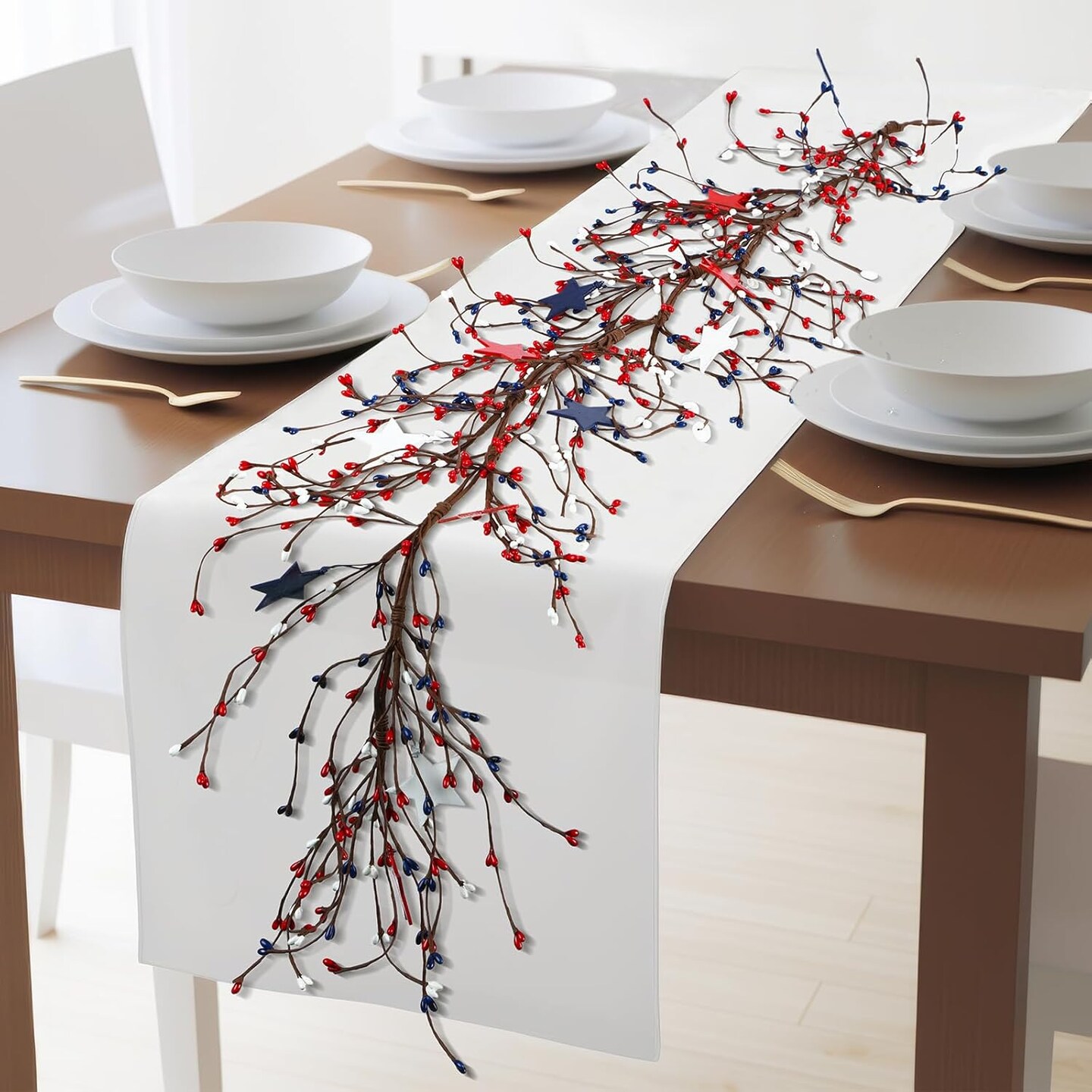 4.5-Foot Patriotic Garland for the 250th Independence Day Celebration, Featuring Red, White, and Blue Berry Branches with Metal Star Accents and 30 Fairy Lights — Ideal for 4th of July Door or Wall Décor