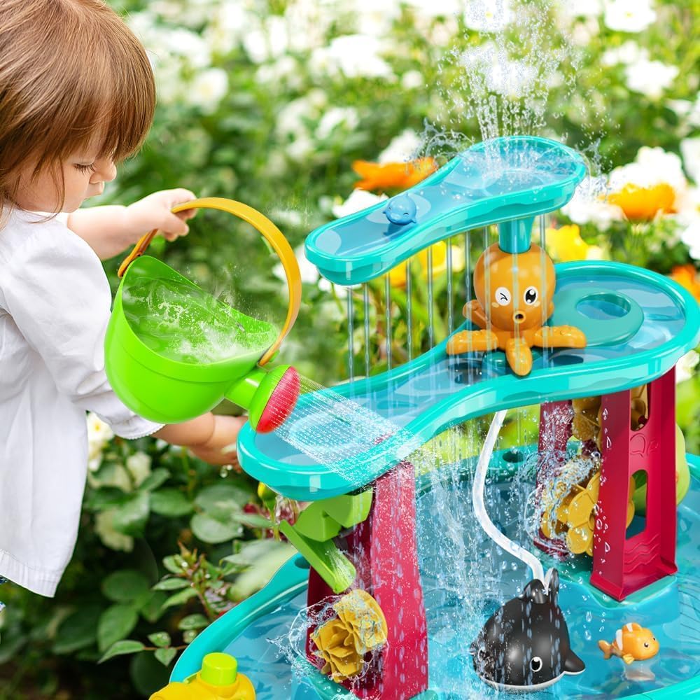 Summer Sand Water Table Toys for Toddlers Kids - with Water Pumb &#x26; Umbrella 3-Tier Kids Splash Table, Water Play Toys for Outside Outdoor Backyard, Toddler Sand Sensory Table for Boys Girls