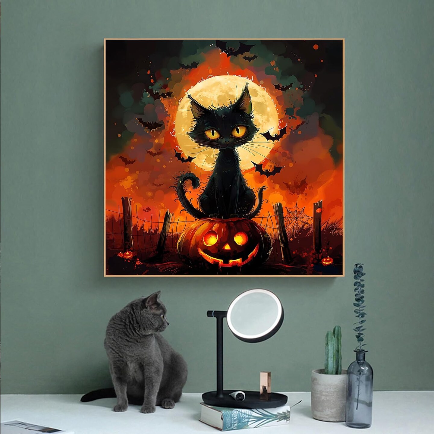 Halloween Cat Diamond Art Painting Kits for Adults, Round 5D Full Drill Diamond Dots Paintings Set for Beginners DIY Crafts