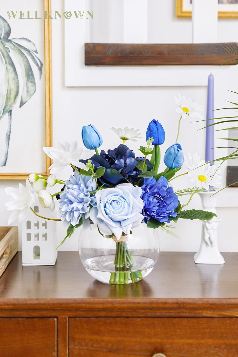 Artificial Flowers with Vase Silk Flower Arrangements in Round Bowl Vase with Faux Water for Home Table Decoration (Mixed Blue)