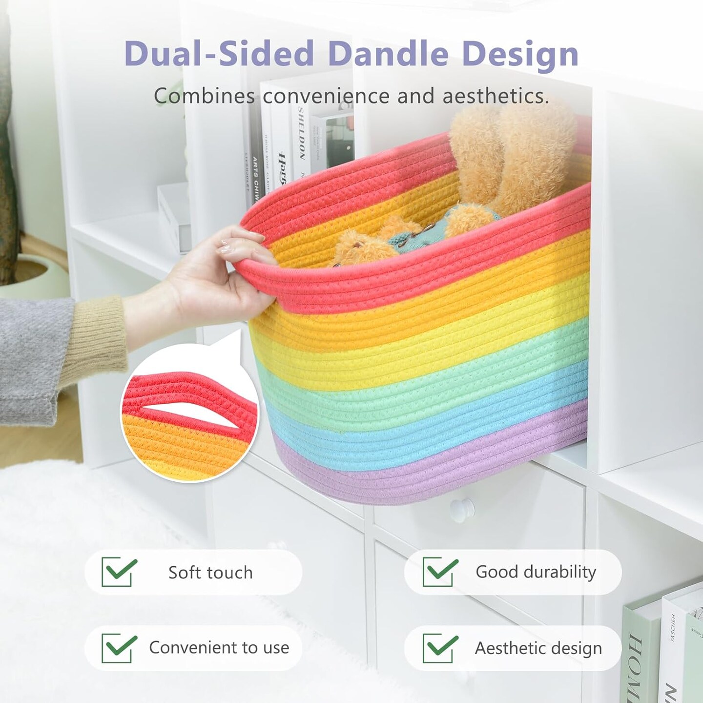 Summer Cotton Rope Storage Basket, Woven Basket for Shelves, Clothes, Toys, Towels, Books, and Laundry, Durable and Stylish, Rainbow (1 Pack)