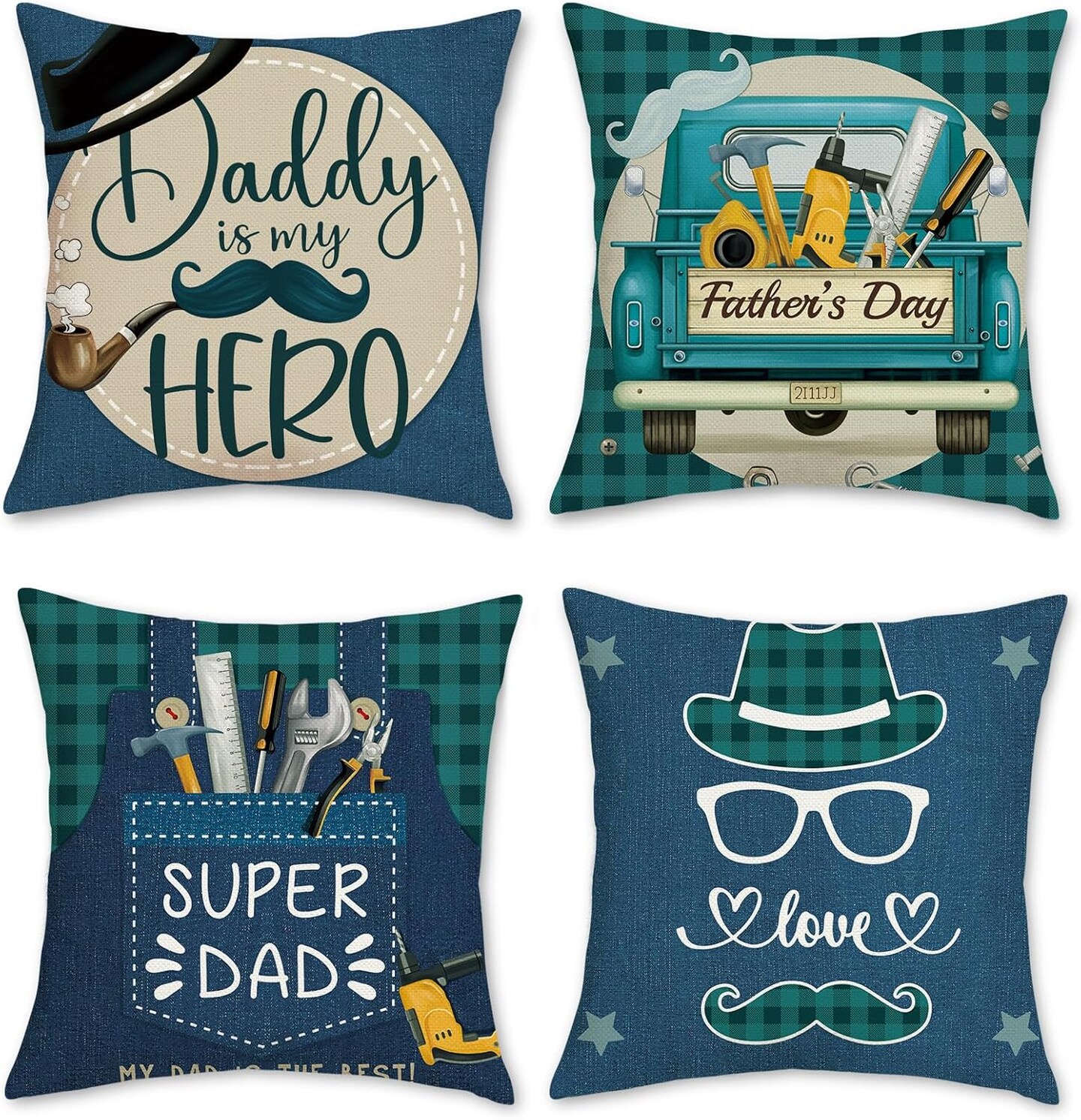 Father&#x27;s Day Throw Pillow Covers 18 x 18 Inch Moustache Vintage Car Daddy is My Hero Navy Blue Decorative Pillow Cases for Papa Grandpa Birthday Home Decor Set of 4