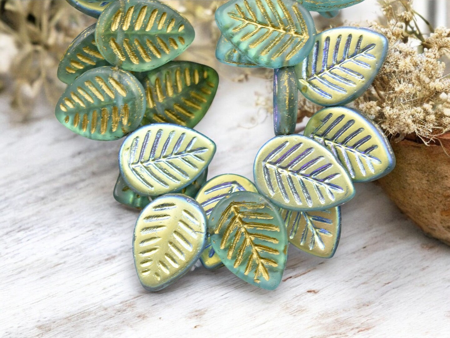 *15* 16x12mm Gold Washed Matte Aqua Blue AB Top Drilled Dogwood Leaf Beads