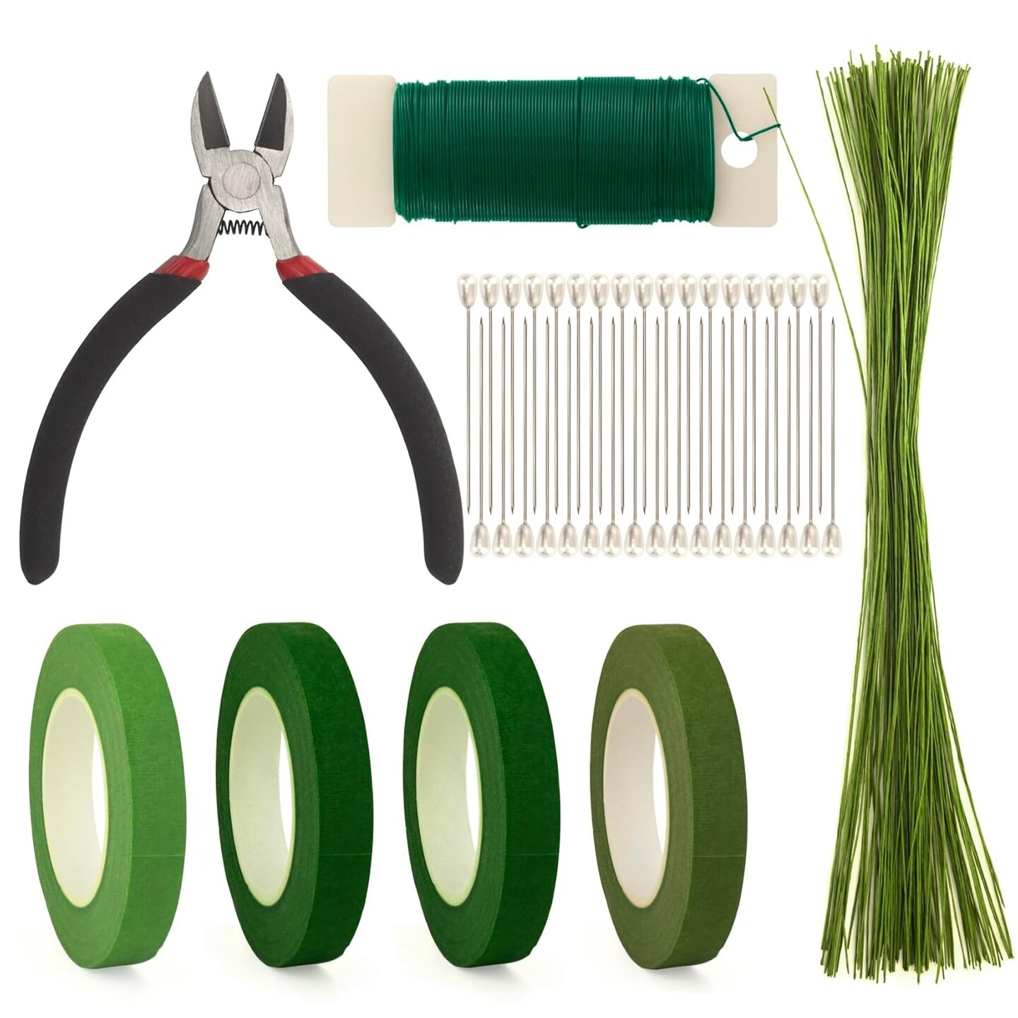 Floral Arrangement Kit, Green Floral Tape Floral Stem Wire Floral Wire Boutonniere Flower pin and Wire Cutter Tools Kit for Bouquet Stem Wrap Florist, Wreath Making Supplies
