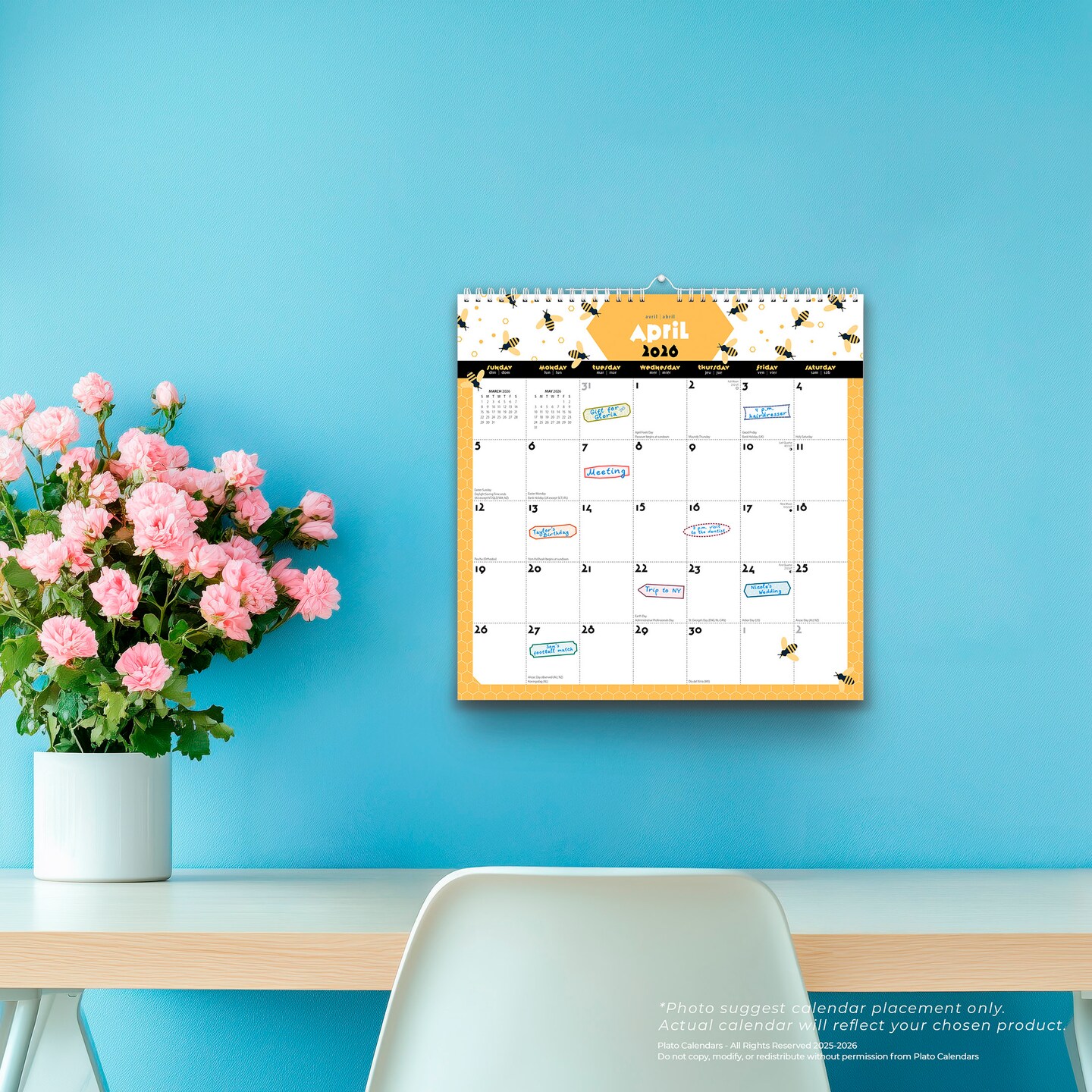 Busy Bees | 2026 12 x 12 Inch (Hanging) 18 Months Monthly Square Wire-O Calendar | Sticker Sheet | July 2025 - December 2026