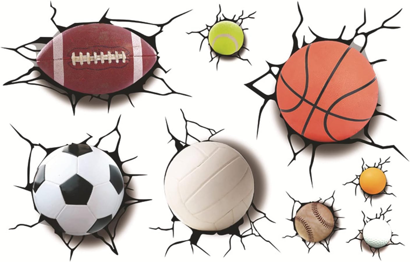 3D Sport Balls Wall Sticker Cracked Wall Sticker for Kids Living Room Decoration Detachable Wall Stickers Including Football, Basketball, Volleyball, Rugby, Tennis, Snooker, Bowling, Baseball