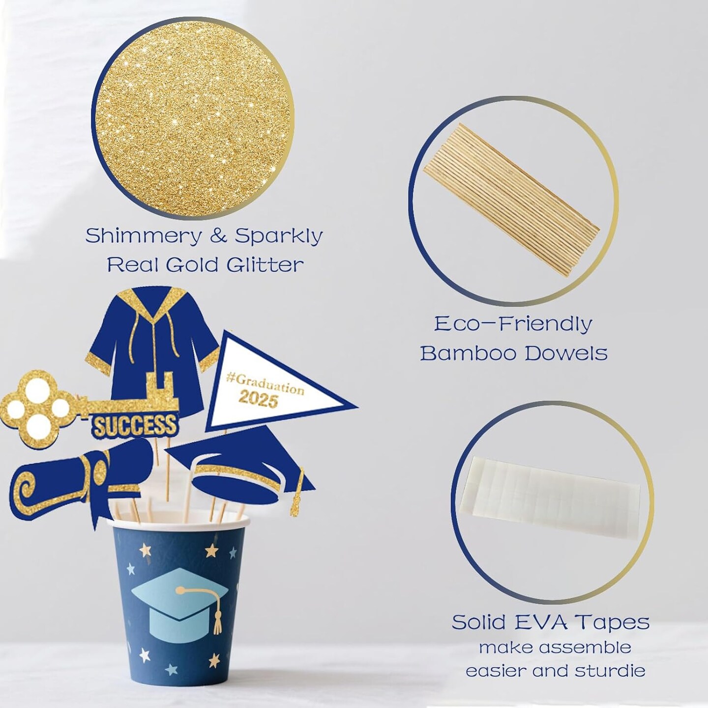 Graduation Party Supplies 2025 Decorations Kit, Gold 2025 Balloons, Graduation Photo Booth Props 2025, Navy Blue Gold and White Balloons Set, Class of 2025, Congrats Grad