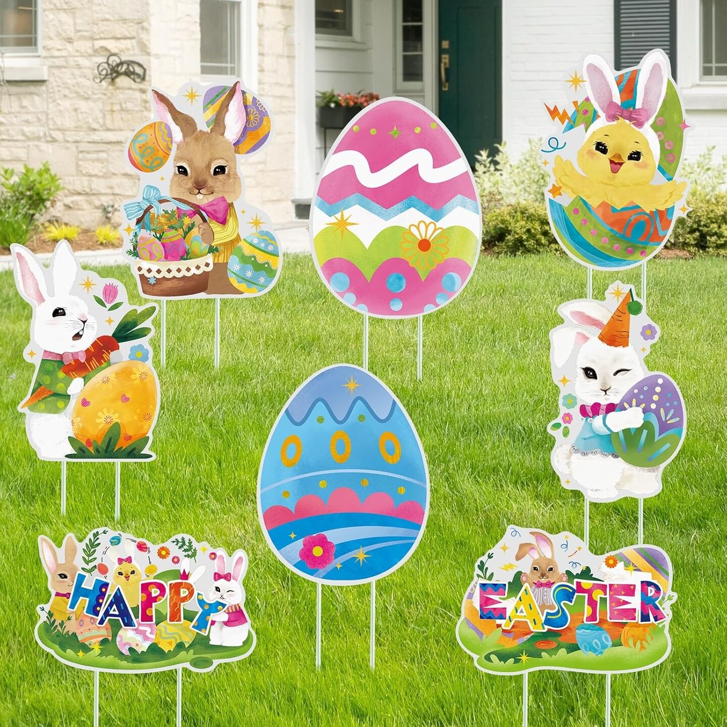 6PCS Easter Bunny Yard Signs Decorations Outdoor with Stakes Cute Easter Bunny Eggs Garden Decorations Holiday Welcome Signs for Easter Yard Lawn Party Decor