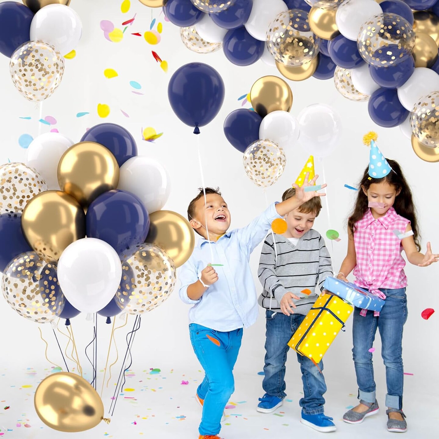 Navy Blue Gold Balloons Set, 50 pcs 12 inch Metallic Gold Navy Blue White Confetti Latex Balloons Kit