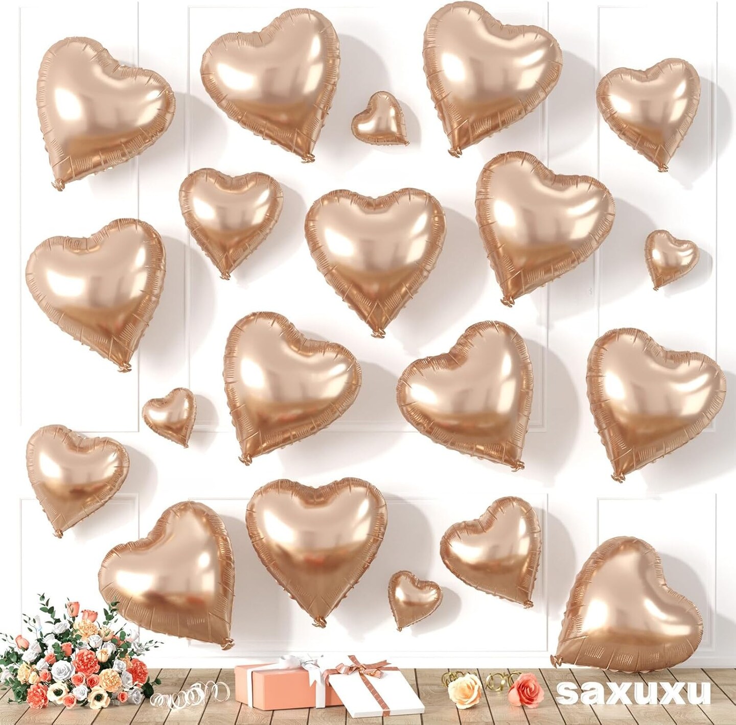 20-Pack Rose Gold Heart Foil Balloons – 5/10/18in for Valentine’s Day, Wedding & Anniversary Decor