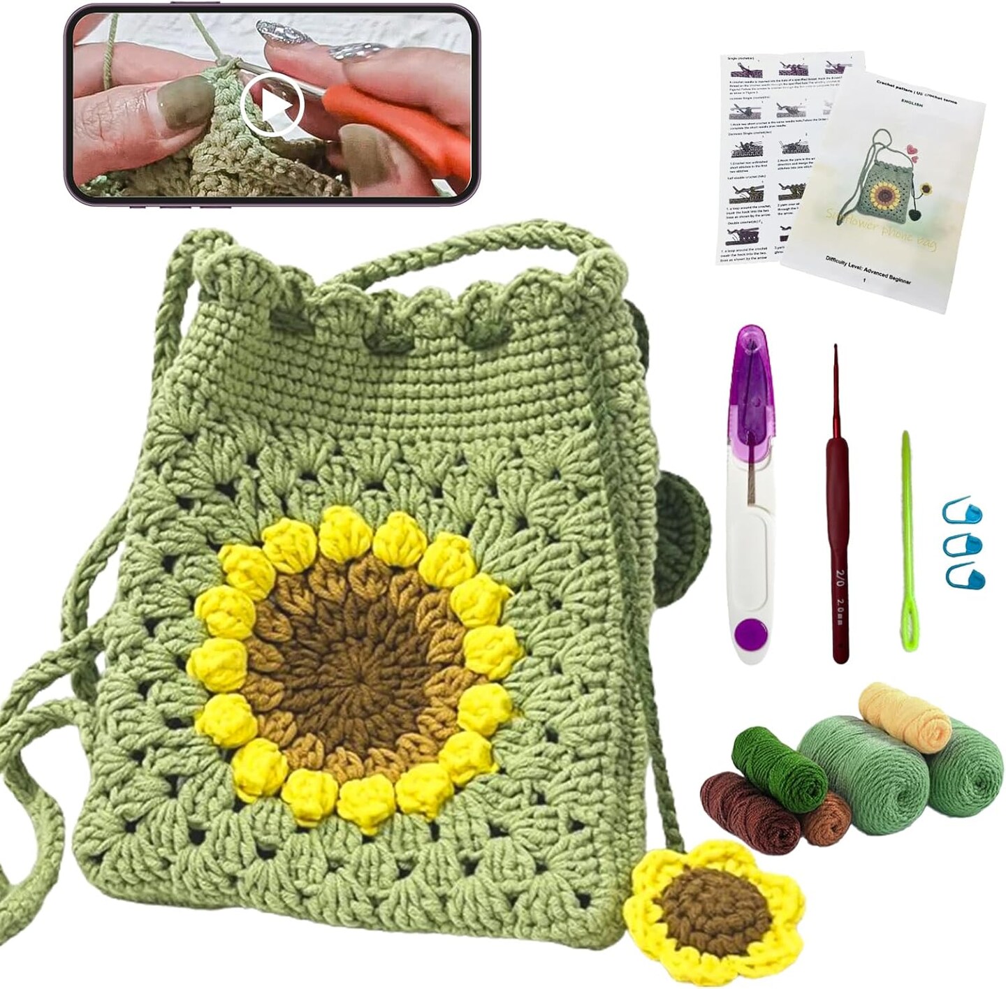 Crochet Kit for Beginners Sunflower Bag Crochet Starter Kit with Video Tutorials and Yarns, Hook DIY Adults &#x26; Kids Knitting Supplies(40%+ Yarn)