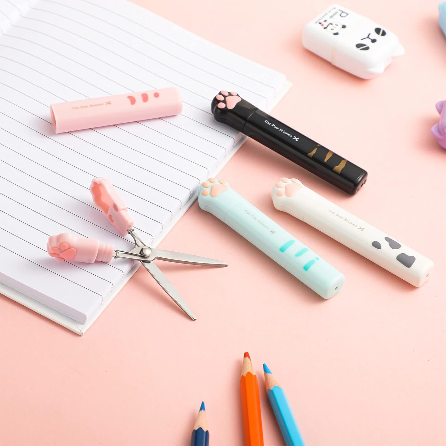 4 Pcs Cute Mini Cat Paw Scissors, Stainless Steel Fun Cartoon Portable Pocket Small Folding Safety Scissors for Paper Cutting, Scrapbooking, Crafting