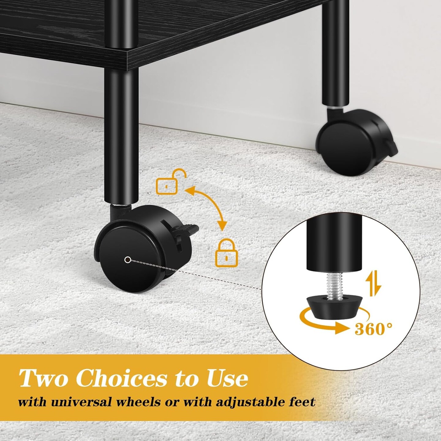 Black Modern 3-Tier Rolling Printer Stand with Wheels &#x26; Storage - Adjustable Feet, Large Desktop for Printers, Scanners, Office Supplies (23.6&#x22;W/60cm x 15.7&#x22;D/40cm x 31.5&#x22;H/80cm)