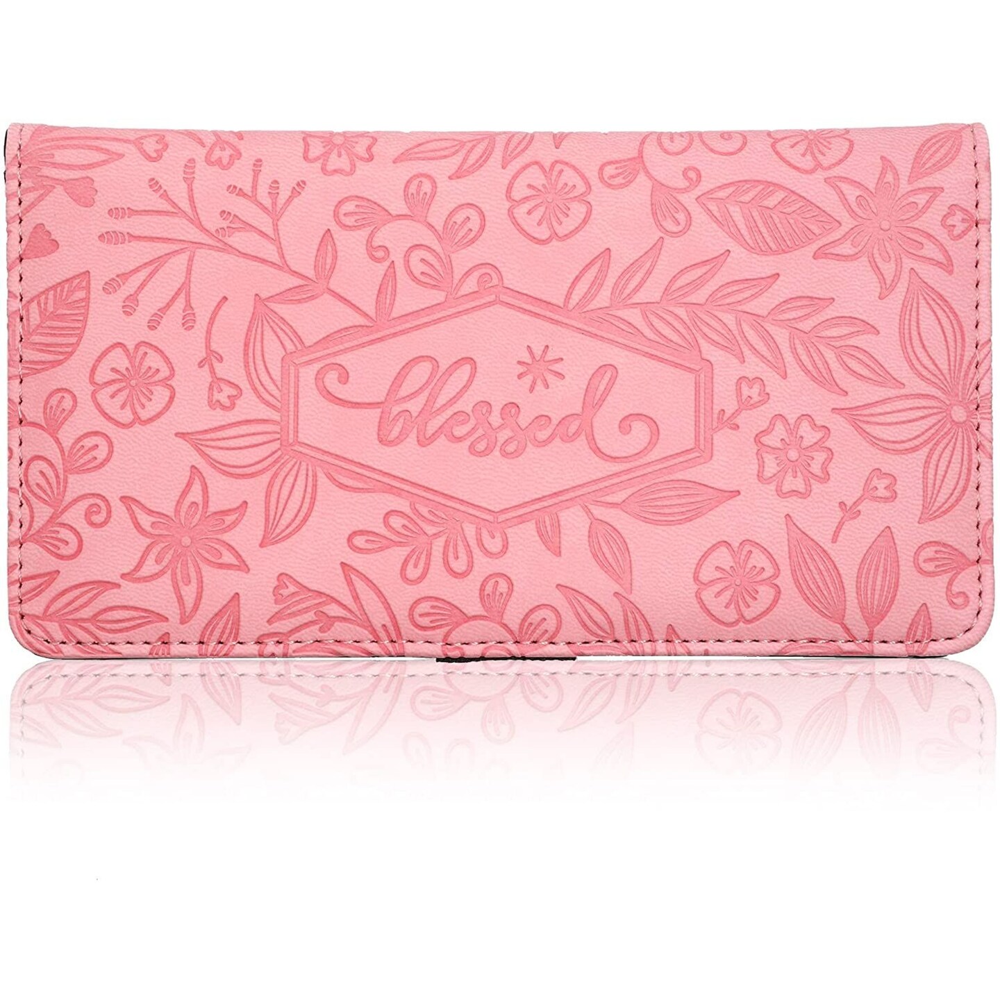 Juvale Embossed Checkbook Cover - Floral Pattern Check Book Covers for Women - Secure RFID-Blocking Wallet - Multiple Card Slots & Credit Card Holder for Women - Pink