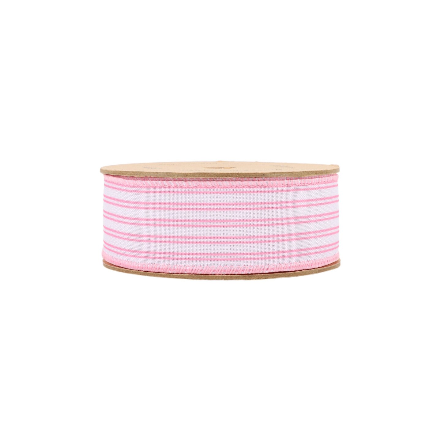 LaRibbons 1 1/2" Wired Ribbon, White w/ Pink Ticking Stripes, 10 Yard Roll