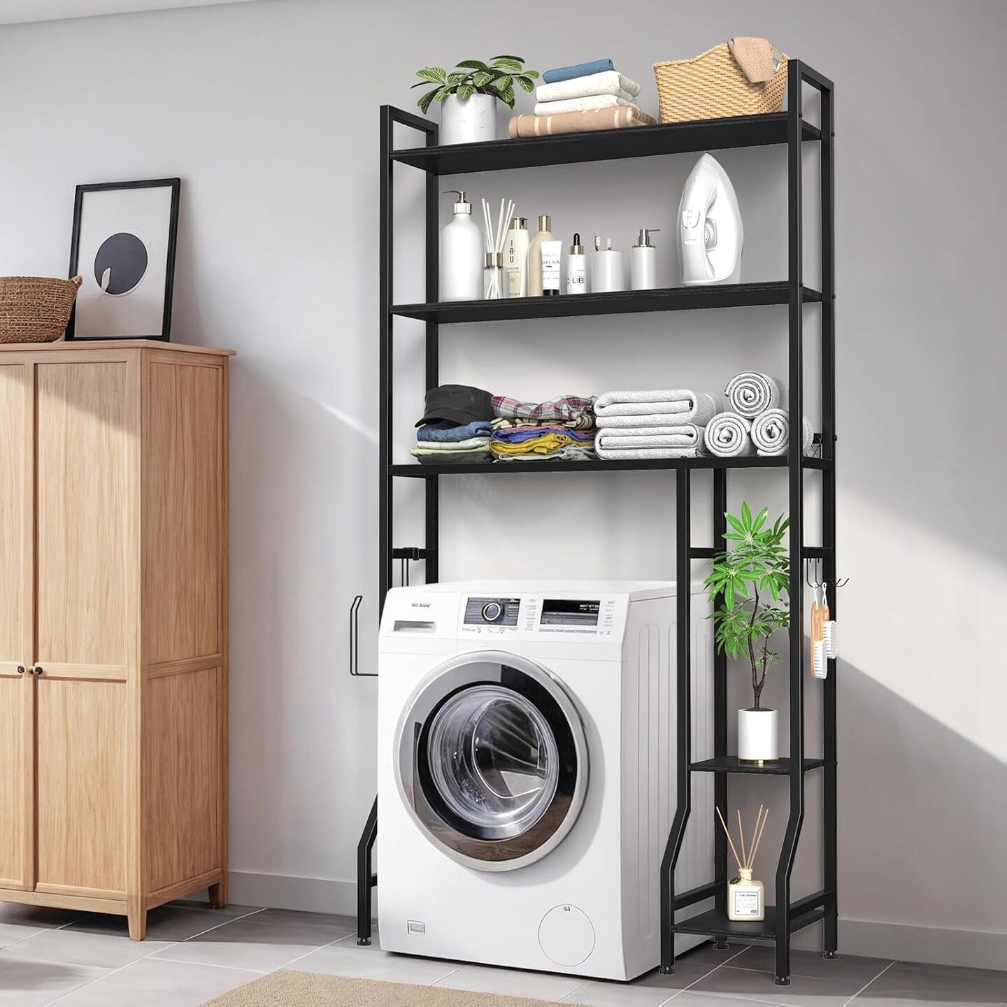 33&#x22; Extended Over The Toilet Storage Rack - Freestanding Bathroom Organizer with Adjustable Shelves, Hooks, Industrial Metal &#x26; Wood Design, Black - Easy Assembly