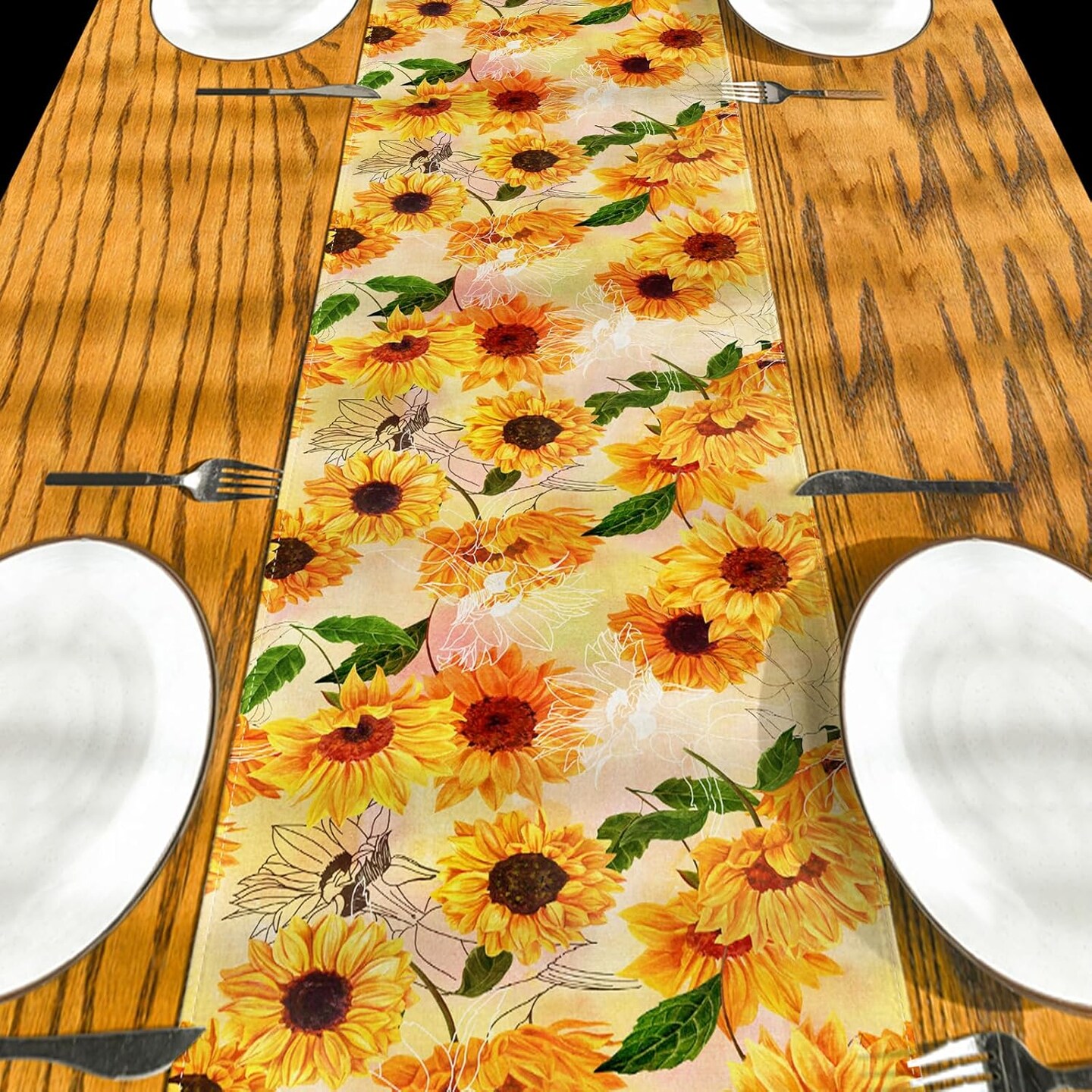 Summer Linen Rustic Watercolor Sunflower Table Runner Spring Flower Table Cover Spring Sunflower Decorations for Simple Life Home Party