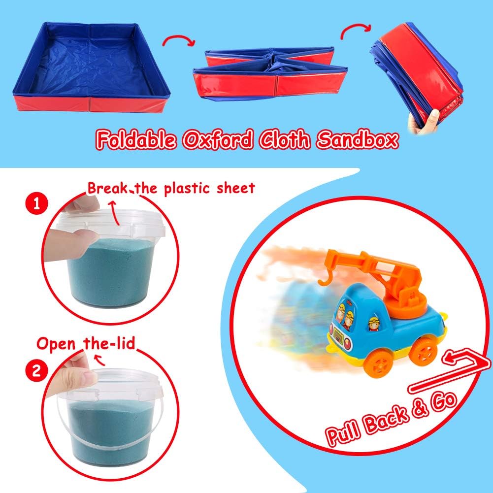 Summer Play Construction Sand Kit - 3lbs Sand with 2 Colors, 6 Mini Construction Trucks, Construction Toys and Signs, Animal Mold, Modeling Tools, Foldable Sandbox, Gifts for Boys Girls
