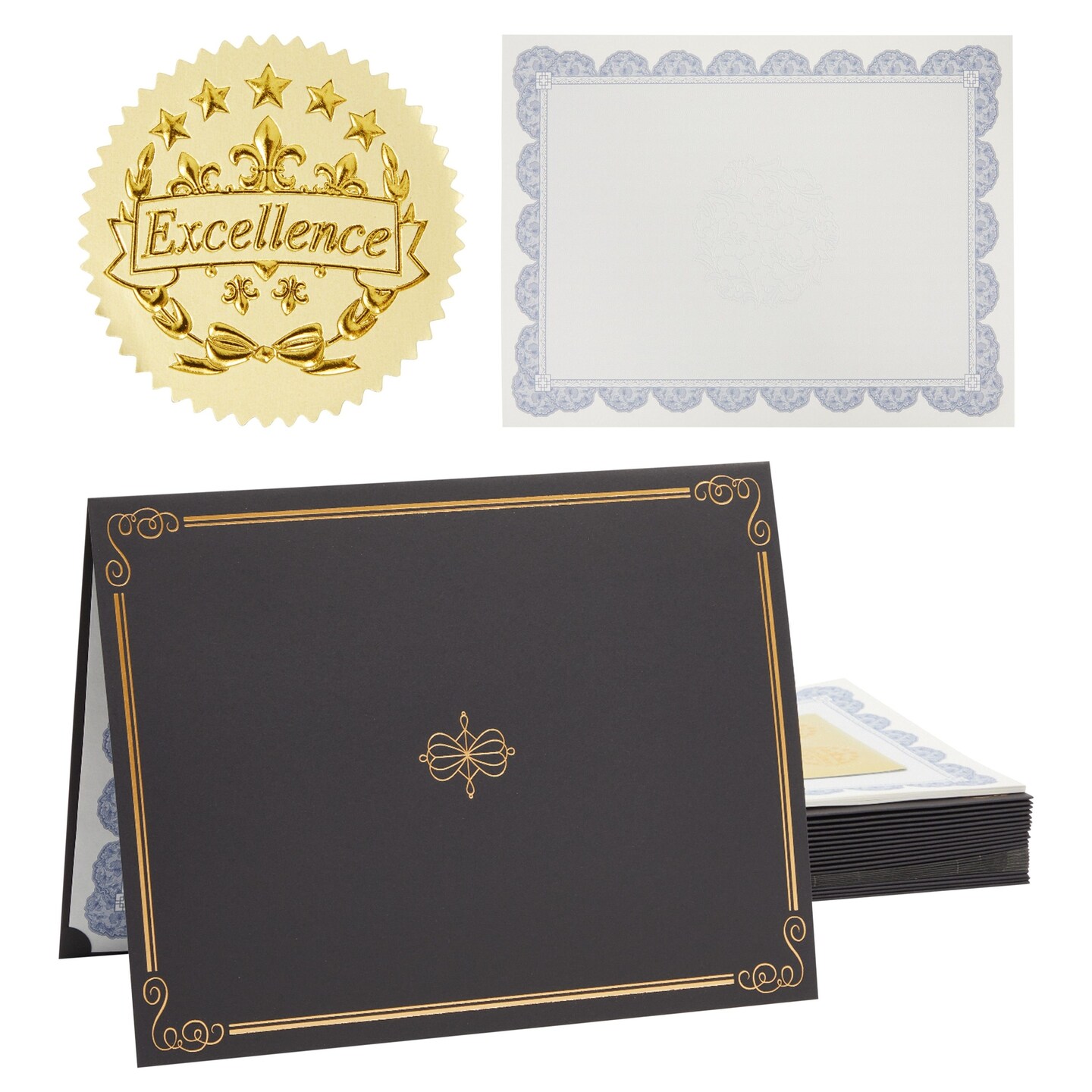 72 Piece Black Certificate Holders Kit - Includes 24-Pack Covers, Letter-Size Certificate Paper, Gold Foil Seals for Graduation, Student Awards, Employee Recognition