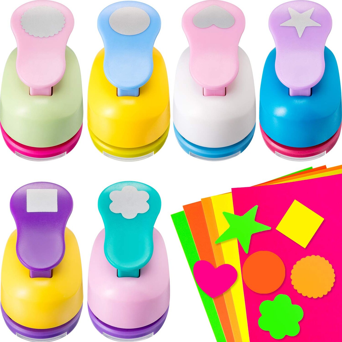 16 PCS Craft Paper Hole Punch Set – 6 Shape Punchers with 10 Sheets Cardstock for Kids Scrapbooking, Card Making, DIY Crafts, Gift Wrapping & Creative Art Projects (1 Inch)