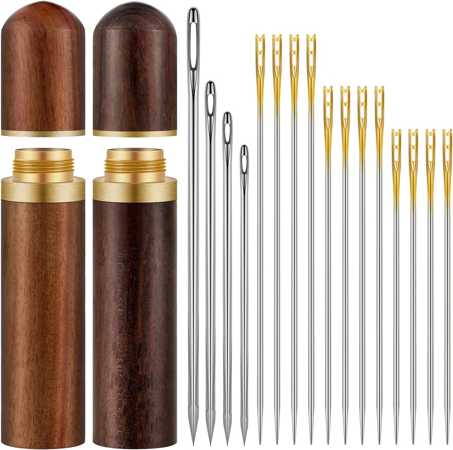 24PCS Self-Threading Hand Sewing Needles – Large Gauge with Wooden Case for Embroidery & Crafts