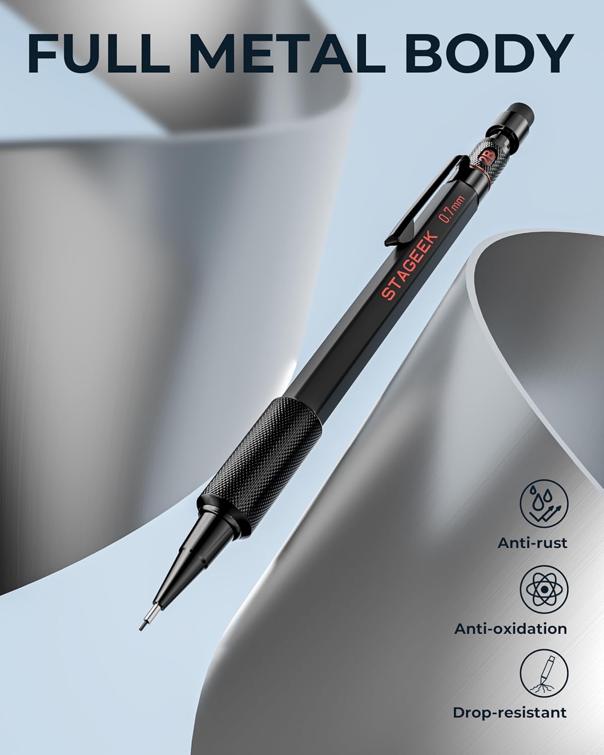 0.7mm Mechanical Pencil Set, 3PCS Metal Mechanical Pencils 0.7mm with 6 Tubes HB &#x26; 2B Lead Refills,Erasers, Weatherproof Artist Pencils with Case for Outdoor Writing Drafting Drawing