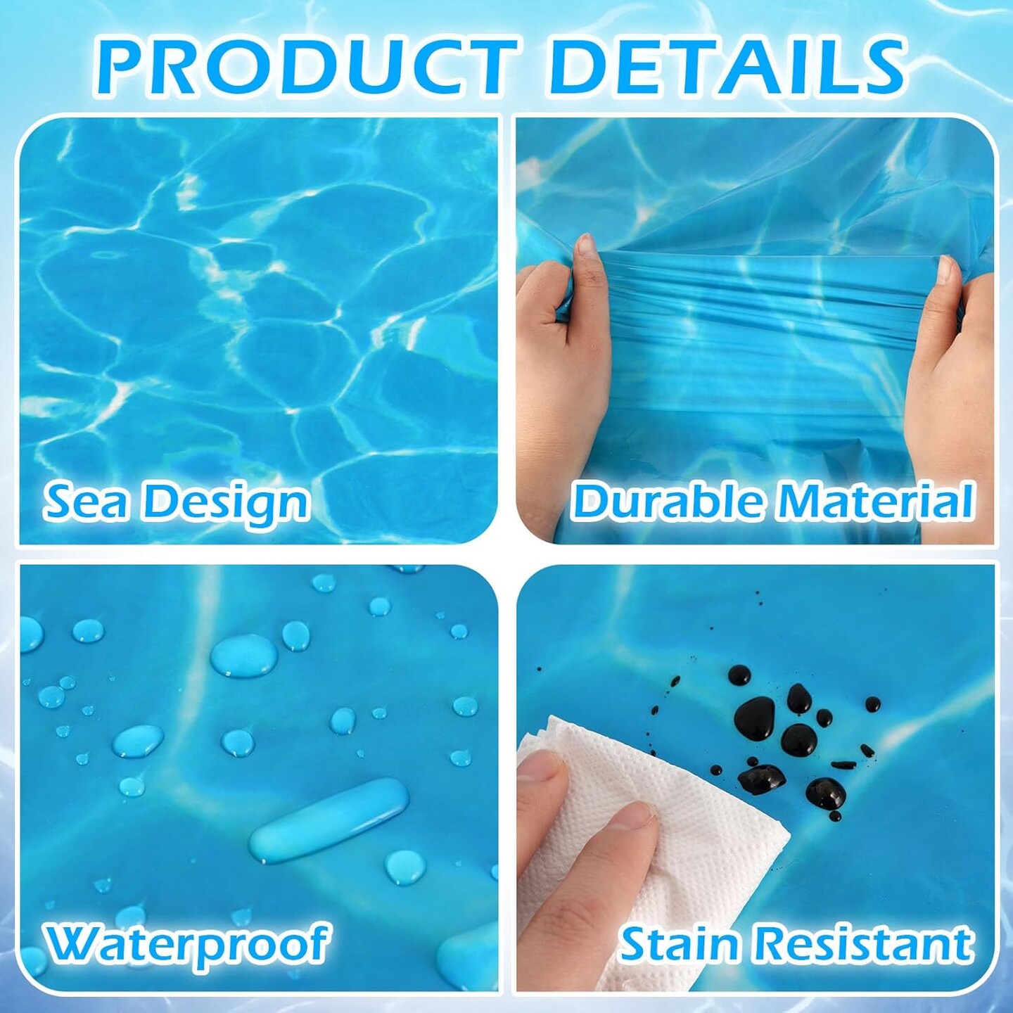 3 Pcs Ocean Waves Tablecloths, 54 x 108 Inch Ocean Theme Table Cover,Plastic Water Print Tablecloths for Beach Pool Sea Theme Party Decorations