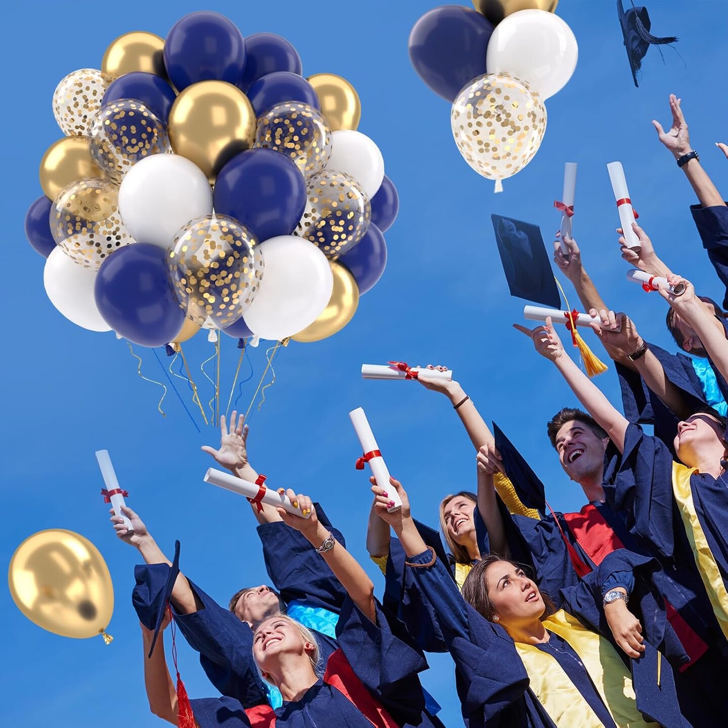 Navy Blue Gold Balloons Set, 50 pcs 12 inch Metallic Gold Navy Blue White Confetti Latex Balloons Kit