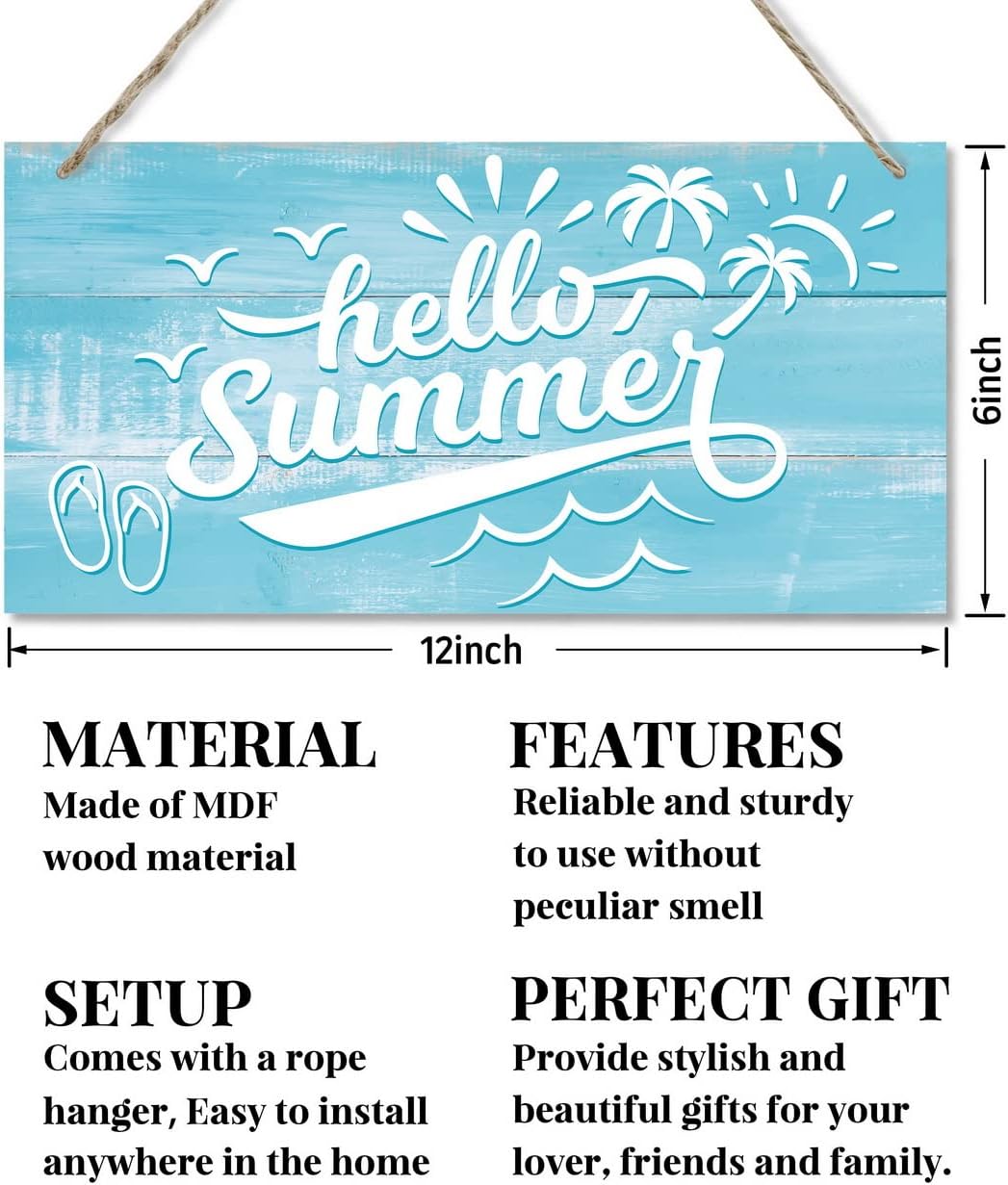 Hello Summer Hanging Wood Sign – Coastal Beach House Door Decor, Printed Wall Art for Farmhouse, Home, Porch & Seasonal Decoration