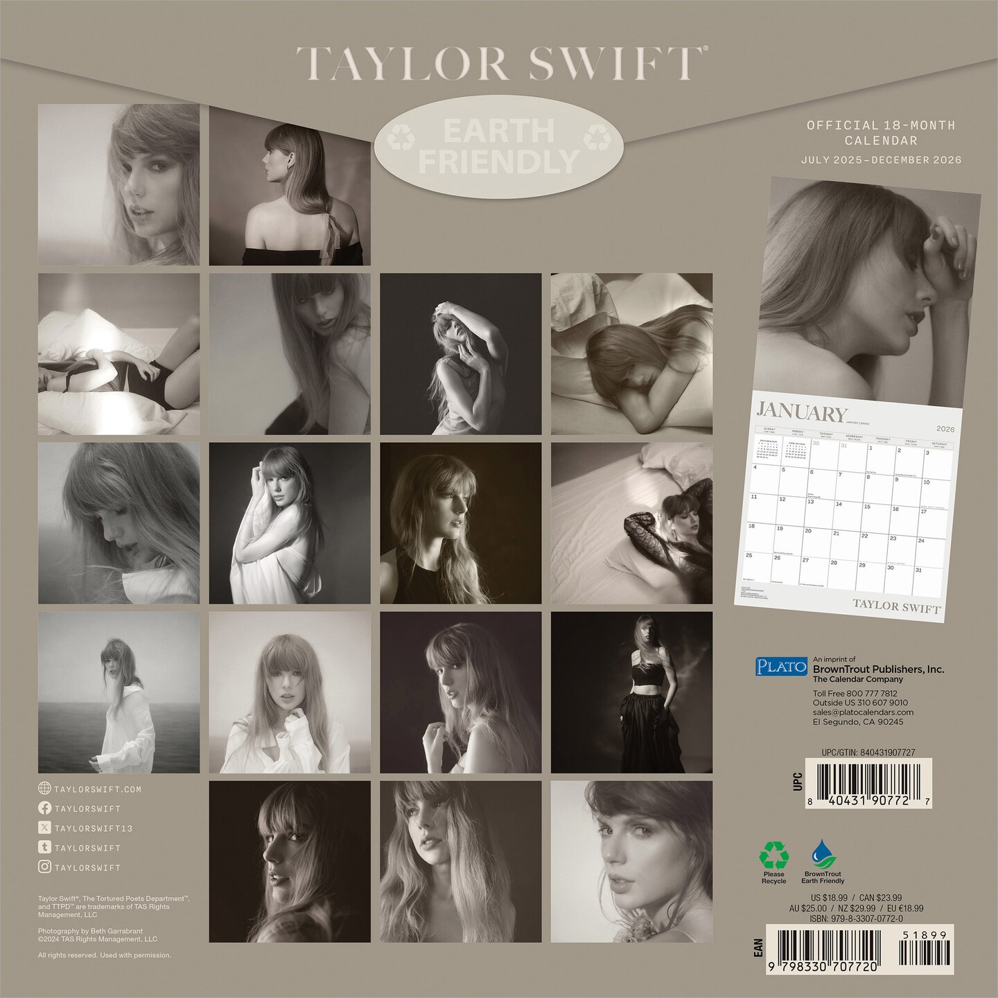 Taylor Swift OFFICIAL | 2026 12x24 Inch (Hanging) 18 Months Monthly Square Wall Calendar | July 2025 - December 2026 | Plastic-Free