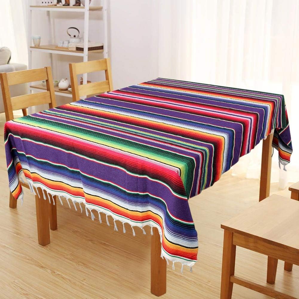 Mexican Tablecloth 60 x 85 Inch, Colorful Cotton Mexican Blanket with Fringe, Handwoven Beautiful Table Cloth for Mexican Fiesta Party Cinco de Mayo Decorations Perfect Picnic Blanket